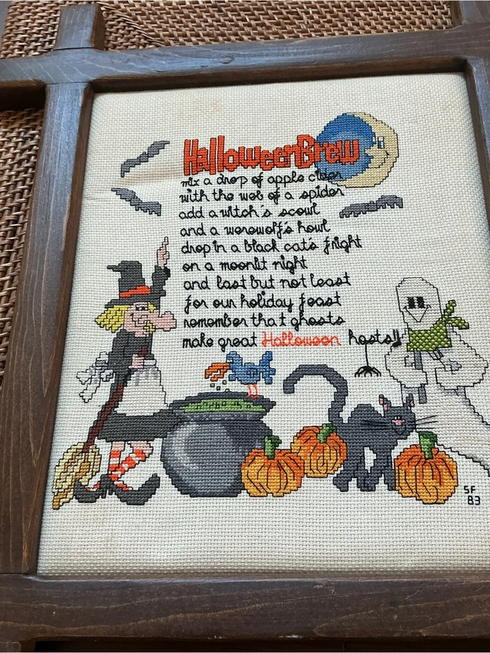 Vintage Completed Halloween Brew Cross Stitch Framed Wood Ox-Bow 1983 Whimsical